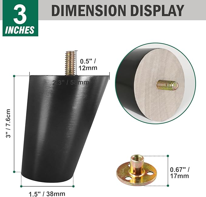 FoDau770 Black Rubber Wood Furniture Legs 3 Inches, Slant Tapered Wood Feet Mid Century Sofa Legs Set of 4, 5/16" UNC Furniture Feet Replacement Parts for Cabinet Couch Dresser Chair Ottoman Table