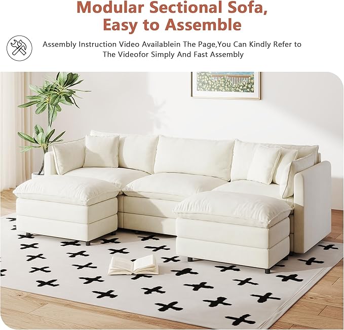 Setawix Deep 3 Seater Couch with Ottomans,112.2" U-Shaped Cloud Couches for Living Room,Chenille Cloud Sofa Couch with Deep Seat,Modular Sectional U Shape 3 Seat Sofa for Bedroom (Beige, 3+2)