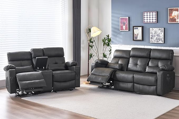 Power Recliner Sofa Set for Living Room, 2 Pieces Recliner Furniture Sofa Set, Power Reclining Sofa and Loveseat Set with Massage and Heat, Reclining Loveseat with Console for Living Room