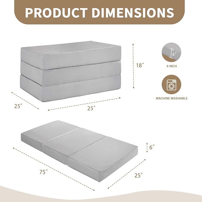 CYMULA Folding Mattress Single Size,6 inch Memory Foam Tri-Fold Single Floor Mattress Topper with Breathable & Washable Cover,Thick Foldable Mat for Camping,Naps and Guests，Grey(25"×75"×6")