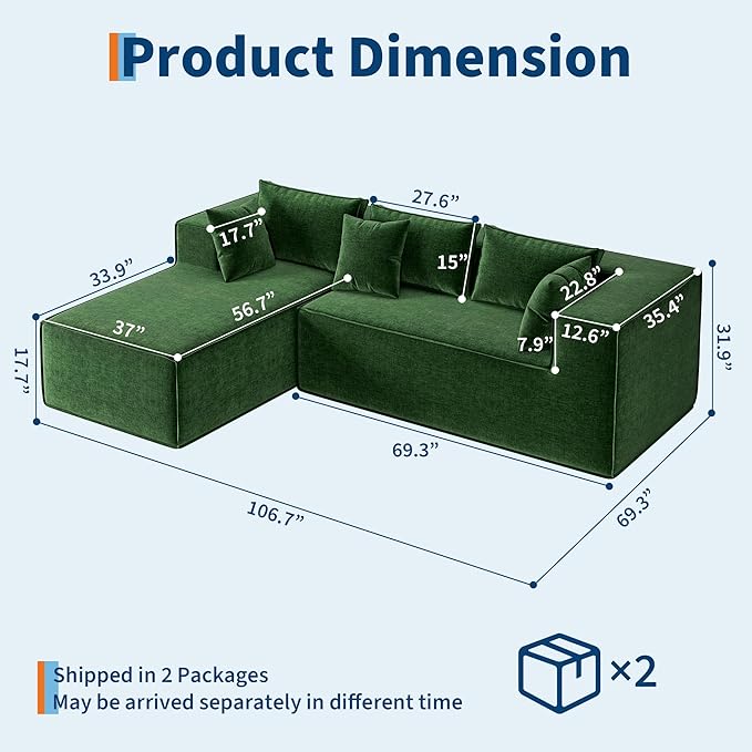 GarveeHome Modular Sectional Couches for Living Room, Cloud Sectional Couch with Deep Seat, 106.7 in Modular L-Shape Sofa with Chaise, Upholstered Couches for Bedroom, Chenille Green