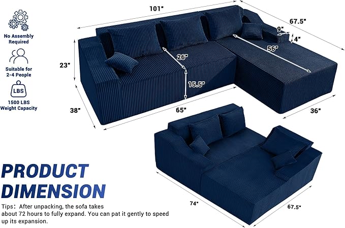 HABUTWAY 101'' Modular Sectional Sofa Cloud Couch with Deep Seat, Modern L-Shaped Convertible Couches Upholstered Couch with Chaise for Living Room Bedroom(Blue, Right-Facing Chaise)