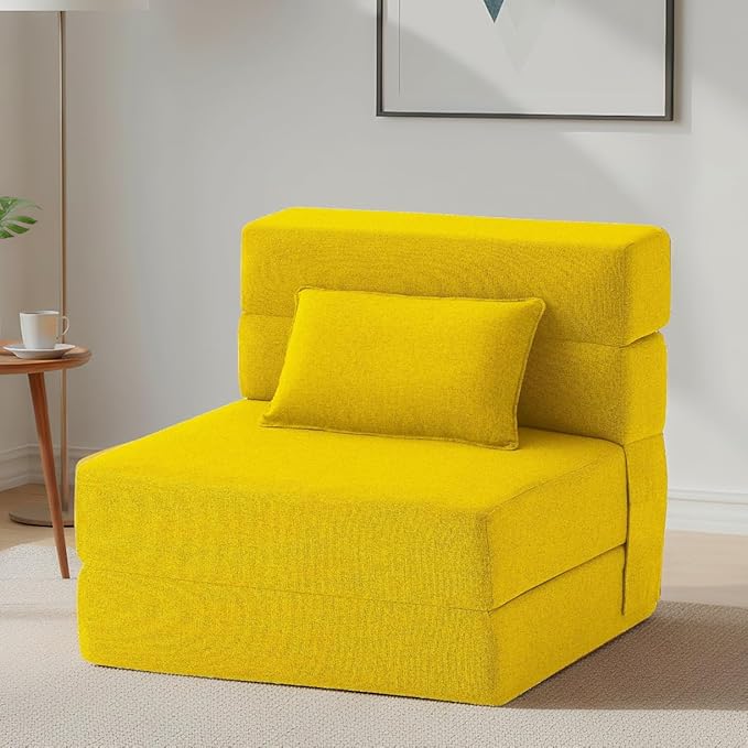 FILUXE Convertible Folding Sofa Bed-Sleeper Chair with Pillow, Modern Linen Fabric Floor Futon Couch, Foldable Mattress for Living Room/Dorm/Guest Use/Home Office/Apartment,Single Size,Yellow