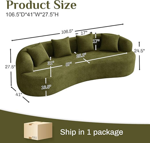 107" Curved Sofa for Living Room, Modern Chenille Cloud Couch Sofa, Luxury Plush Extra Deep 4-Seater Oversized Boucle Couch for Small Spaces, Apartment‌, No Assembly Required, Green
