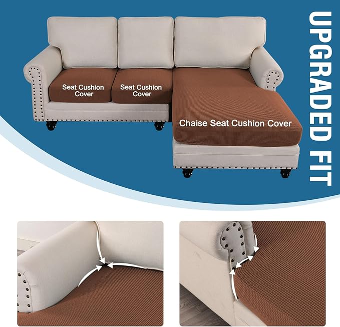 H.VERSAILTEX Sectional Couch Covers 3 Pieces Sofa Seat Cushion Covers L Shape Separate Cushion Couch Chaise Cover for Both Left/Right Sectional Couch (Seat Only: 1 Chaise + 2 Sofa, Caramel)