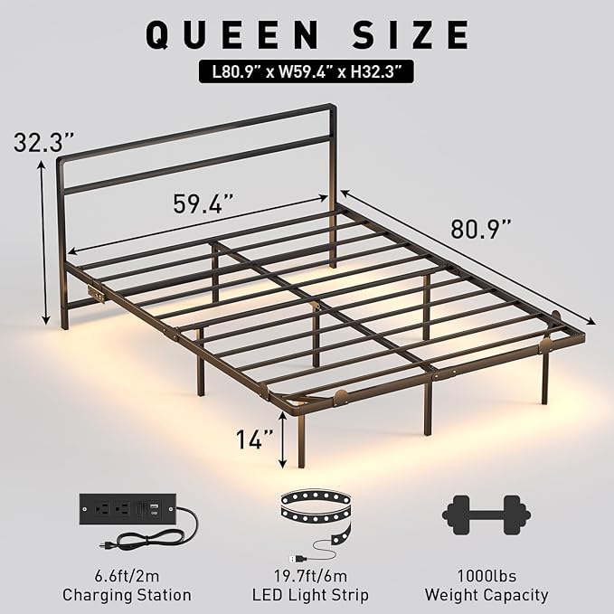 Queen Floating Bed Frame with Headboard, Modern Platform Bed Frame with LED Lights and USB Charging Station, Sturdy Metal Bed Frame for Adults, No Box Spring Needed, Easy Assembly, Noise Free Design