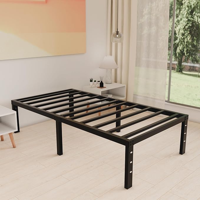 HOBINCHE 14 Inch Metal Twin Bed Frame No Box Spring Needed - Easy Assembly Heavy Duty Noise Free Narrow Bedframes - Single Black Basic Non Squeak Steel Slats Platform with Storage