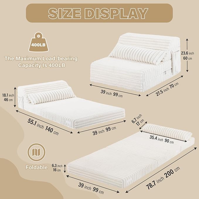 Tiita Folding Sofa Bed Twin Size, Convertible Sleeper Chair Mattress with Pillow, Thick Corduroy Floor Mattress Couch Bed with Side Pocket, Guest Room, Dorm, Apartment, Beige