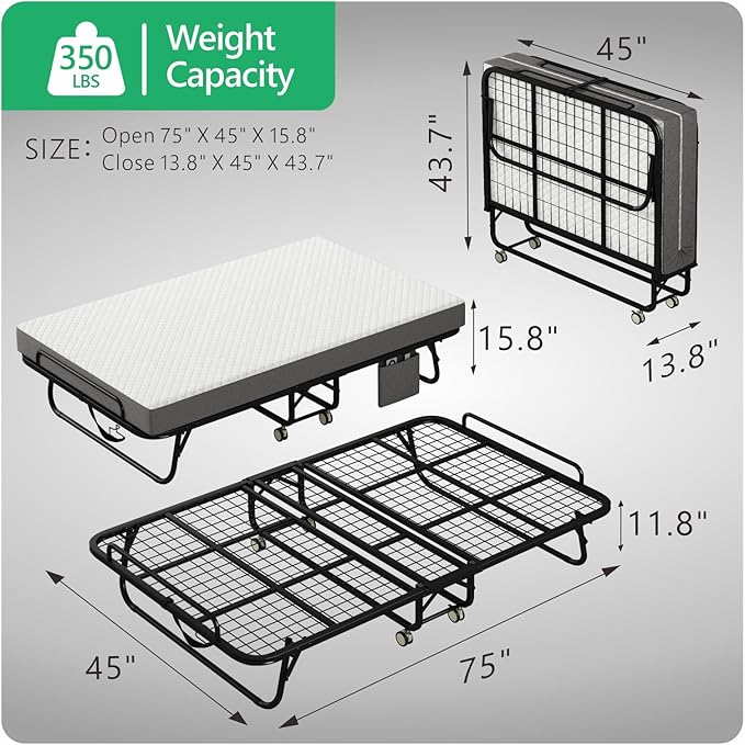 Folding Bed with Mattress for Adults, 75" x 45" Portable Twin XL Size Rollaway Bed, Metal Frame Foldable Guest Bed with Memory Foam Mattress,Deluxe Extra Beds with Side Storage Pocket