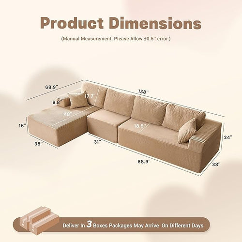 138" Boneless Couch with Deep Seat, Set of Modular Sectional Sofa, Cloud Sectional Couch for Living Room, No Assembly Required, Corduroy, 4 Seater L-Shape Left, Camel