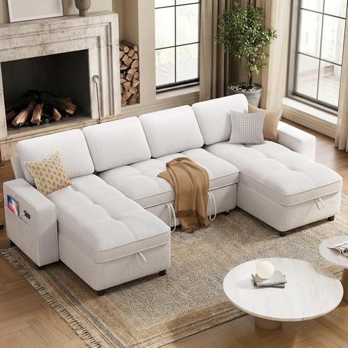 WEUP Modular Sectional Sleeper Sofa Bed, 105" U-Shaped Couch Bed with Adjustable Backrest, Pull Out Couch with Double Storage Chaise, USB Charging & Tool-Free Assembly, Chenille Beige | Reclining Backrest, Tool-Free Assembly, Breathable material
