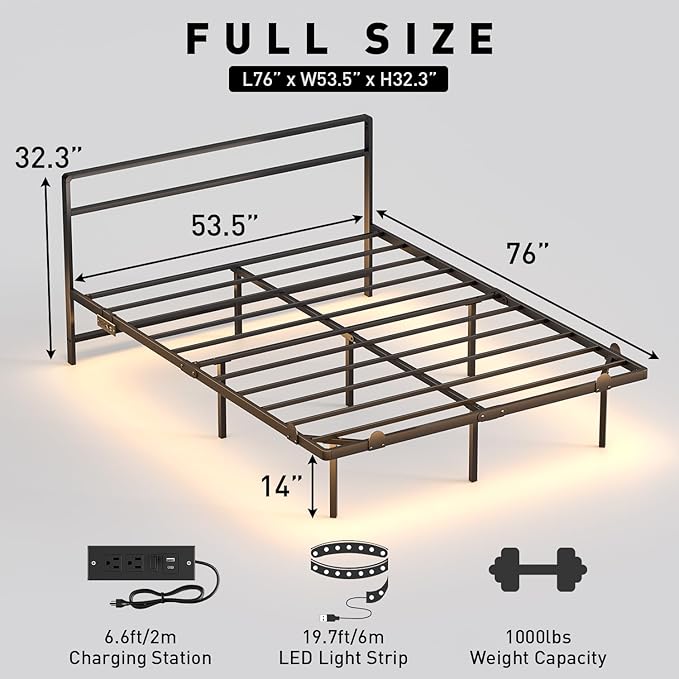 Full Floating Bed Frame with Headboard, Modern Platform Bed Frame with LED Lights and USB Charging Station, Sturdy Metal Bed Frame for Adults, No Box Spring Needed, Easy Assembly, Noise Free Design