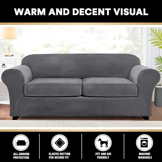 PrinceDeco Couch Cover Velvet Plush Sofa Covers for 2 Cushion Couch Width Up to 90 Inch Washable Furniture Protector Pet Friendly No Slip Sofa Slipcover(Medium-Large, Grey)