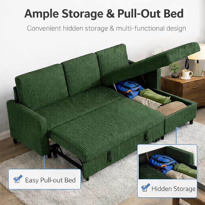 JAMFLY Pull Out Sleeper Sectional Sofa, L Shaped Corduroy Couch with Hidden Storage, Convertible Sofa Bed for Small Living Rooms and Apartments, Green