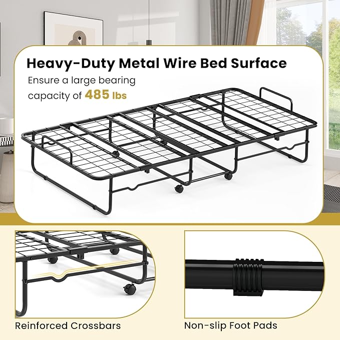 Giantex Twin Folding Bed with Mattress, Roll Away Portable Guest Bed w/Sturdy Metal Frame, Space-Saving Rollaway Bed with Memory Foam Mattress for Adults, 75" x 38"