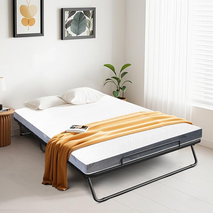75" x 46" Folding Bed with Mattress for Adults, 5 Inch Memory Foam Mattress, Portable Foldable Rollaway Guest with Strong Metal & Wood Frame, Side Pocket
