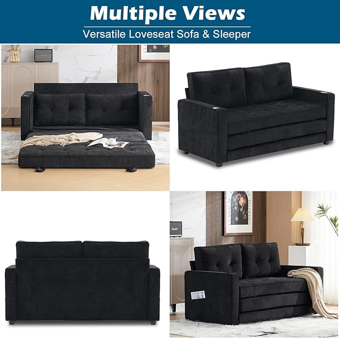 VINGLI Upgraded 64" W 84" L Full Size Futon Sofa Bed, 6" Thick Upholstery Chenille Loveseat Sofa Sleeper Pull Out Couch,Convertible Floor Couch for Living Room, Bedroom, Entertainment Room, Black