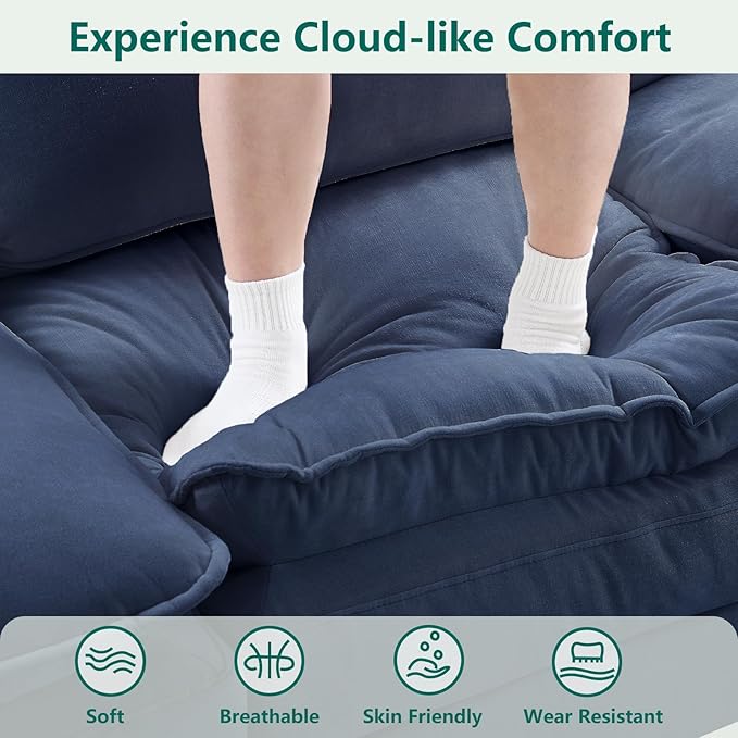 Modular Sectional U Shaped Sofa Couches for Living Room, Cloud Couch with Movable Ottoman, Comfy Chenille Sofa with Pillow for Bedroom and Apartment,Blue