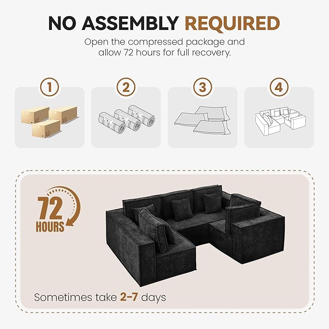 108'' Boneless Chenille U Shaped Couch, Oversized Modular Sectional 5 Seater Sofa, Modern Deep Seat Corner Cloud Compressed Couch, No Assembly Sleeper Sofa with Chaise for Living Room, Black