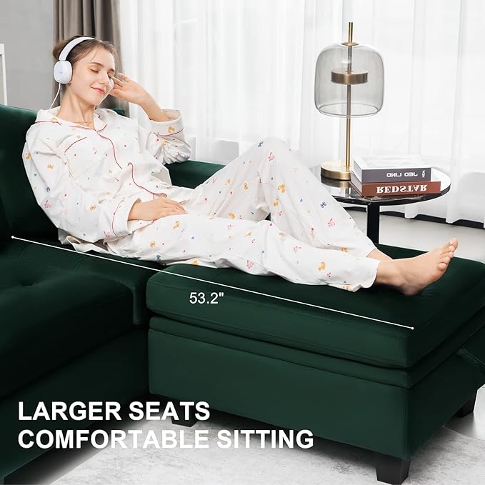 Belffin Velvet Convertible 4-Seat Sectional Sofa with Reversible Chaise L Shaped Sofa Couch Furniture Sets Sectional Couch with Storage Ottoman Green