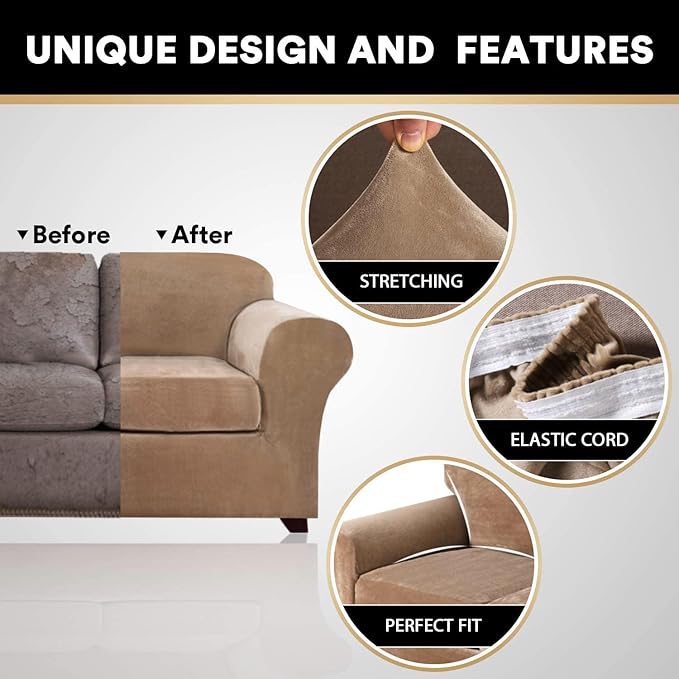 PrinceDeco Couch Cover Velvet Plush Sofa Covers for 2 Cushion Couch Width Up to 90 Inch Washable Furniture Protector Pet Friendly No Slip Sofa Slipcover(Medium-Large, Camel)