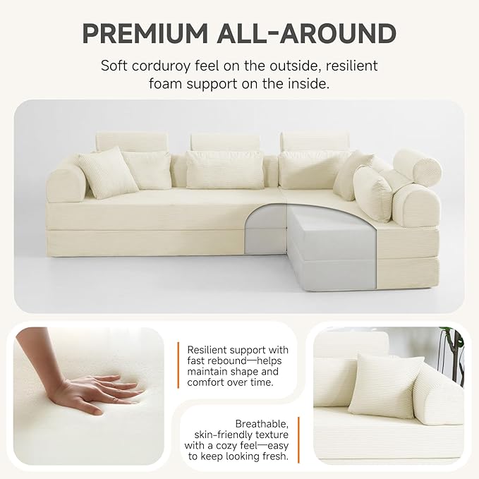 106" L-Shaped Boneless Sectional Couch, 2-Piece 70.87" Modules, Converts to 141.7" Extra-Long Straight Sofa, Corduroy Couch in a Box with Headrest & Back Pillows for Living Room, White