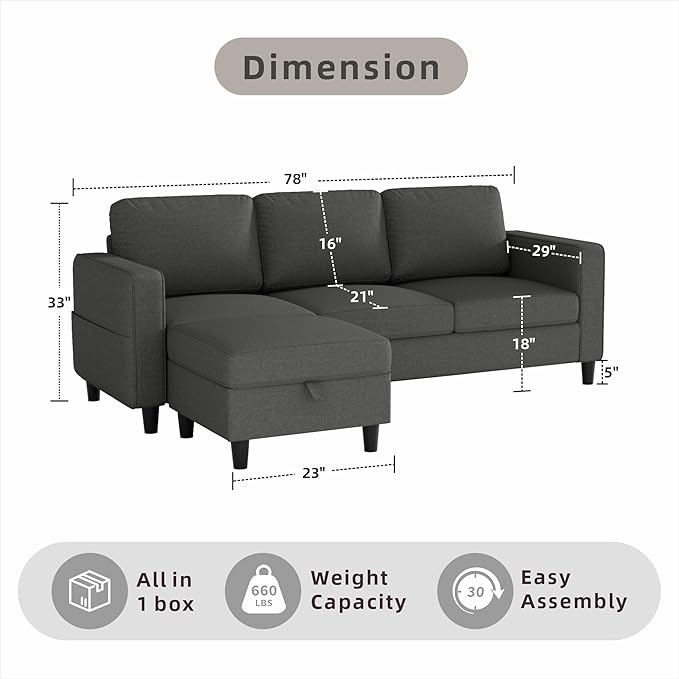 Sectional Sofa and Couches for Living Room, 78'' Dark Grey 3 Seat L-Shaped Couch with Movable Ottoman, Comfy Linen Convertible Sectionals Sofas with Chaise for Apartment, Dorm, Small Space