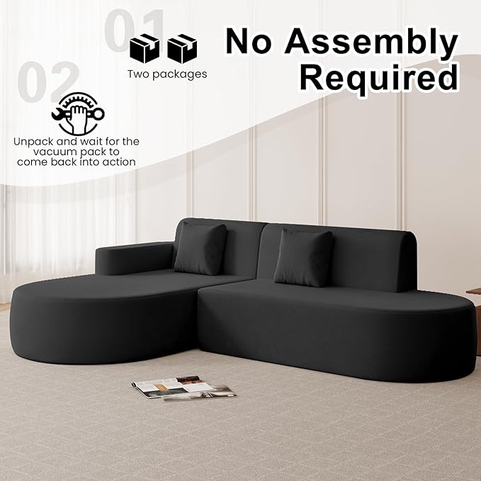 MELLCOM Modern Curved Boneless Sofa Couch, L-Shaped Corner Sofa, No Assembly Needed, Chenille Upholstered Cloud Sectional Couch for Living Room, Bedroom and Apartment (Black, Left Hand Facing)