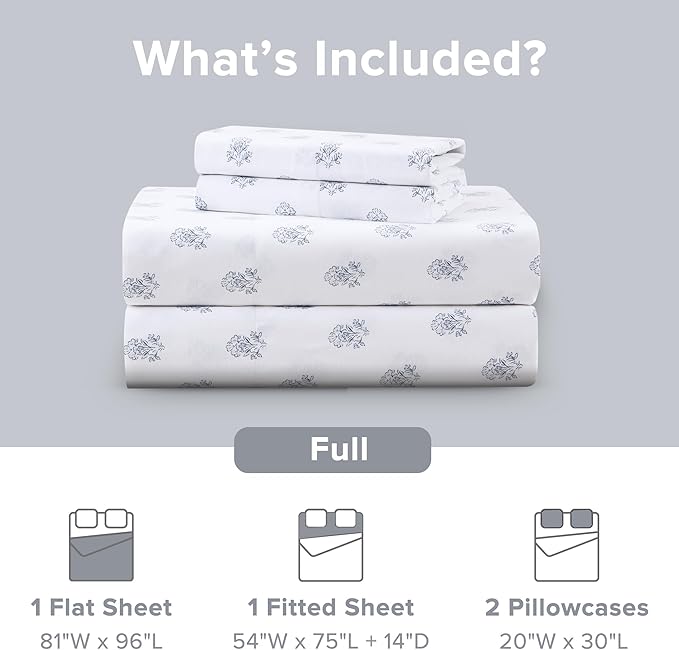Comfort Spaces 100% Cotton Sheets Full, Breathable, Naturally Cool Cotton Sheets, Soft Cotton Bed Sheets with 14" Elastic Pocket Fits up to 16" Mattress, All Seasons Sheet Set, Floral Blue 4 Piece