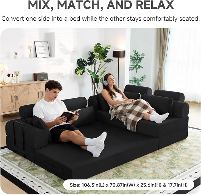 Boneless Sectional for Small Spaces, 106” L Shaped Couch from Two 70.87” Modules, Reconfigures to 141.7” Straight Sofa, Corduroy Compressed Couch in a Box with Headrest Back Pillows, Black