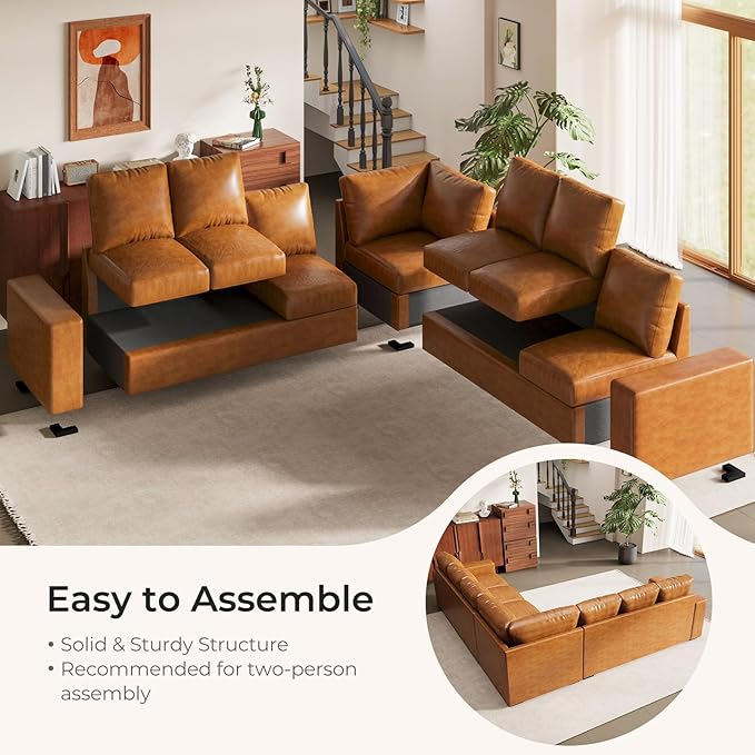 ELUCHANG 113" V-Shaped Modular Sectional Sofa Couch, Modern 7-Seat Premium Faux Leather Deep Seat Sofa with Corner, Removable Cover, Easy Assembly, Large Sofas & Couches for Living Room, Office, Brown | Spring Cushions, Easy to Clean