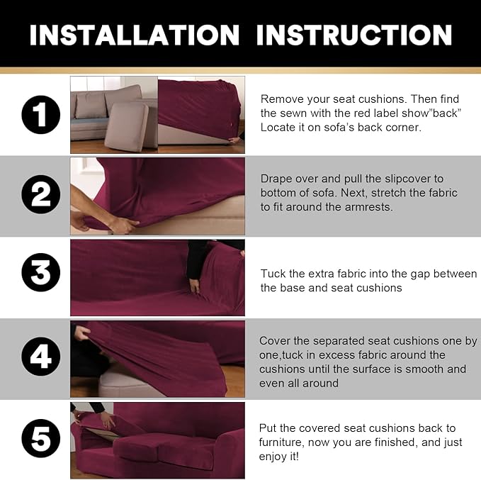 PrinceDeco Velvet Plush Couch Cover Stretch 2 Piece Chair Cover Chair Slipcover Washable Furniture Protector Couch Soft with Elastic Bottom Armchair Cover Width Up to 49 Inch(Small, Burgundy)
