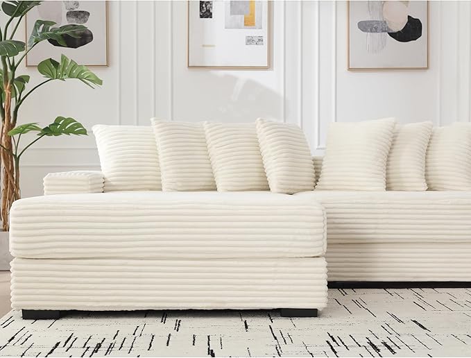 111 Inch Cloud Sectional Couches for Living Room | L-Shaped Sectional Couch with 8 Pillows | Corduroy Couch with Deep Seat | Solid Wood Frame Sofa Beige (Left Facing Chaise)