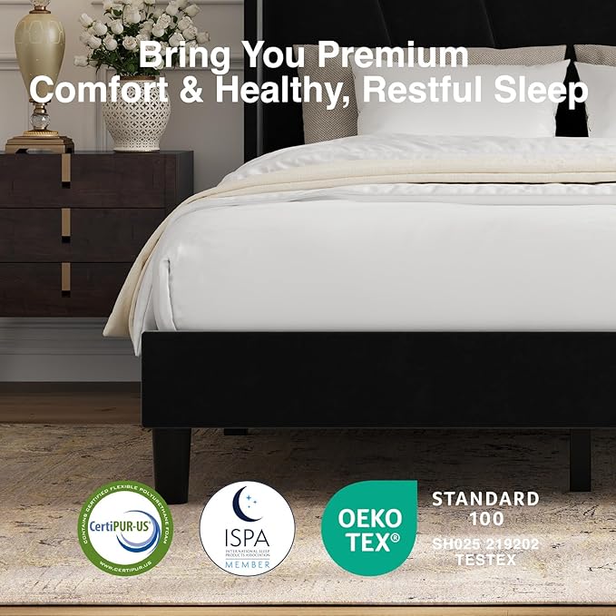 Novilla Queen Size Bed Frame, Queen Bed Frame with Headboard, Velvet Upholstered Wing Side Headboard, No Box Spring Needed, Heavy Duty Feet, Easy Assembly, Black Velvet