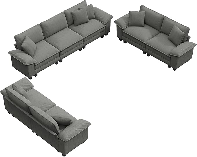 PHI VILLA Cloud Modular Couches Sets, 3 Pieces Large Sectional Sofa Set with Loveseats, 7-Seater Upholstered Couch for Living Room, Corduroy, Grey