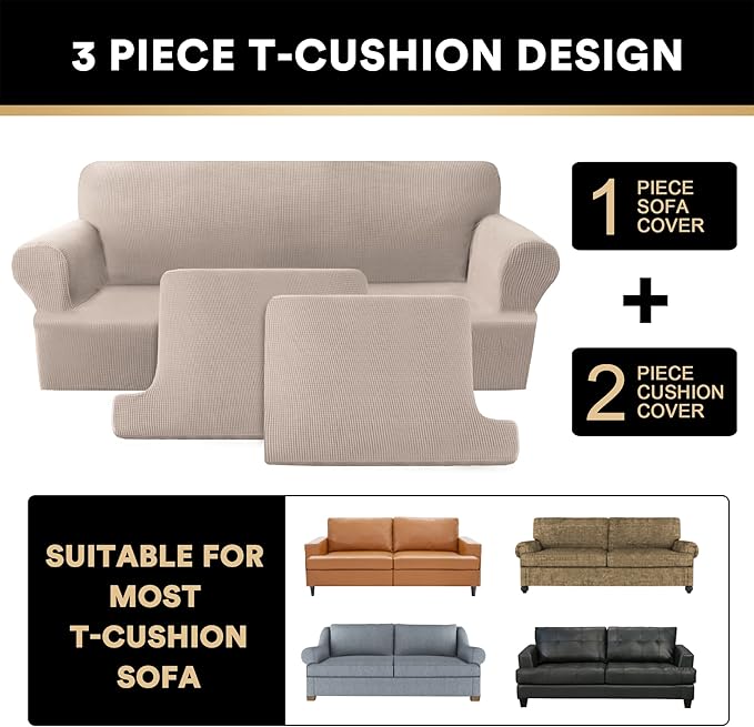 PrinceDeco T Cushion Loveseat Slipcover 3 Pieces Sofa Covers for T Cushion Sofa Stretch Slip Covers for 2 Cushion Couch with 2 Individual T Shape Seat Covers Width Up to 76" - Washable, Sand