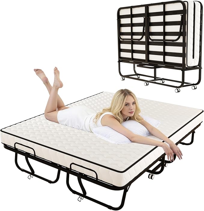 79" x 59" Full Size Folding Bed with Mattress for Adults, 5 Inch Memory Foam Mattress, Portable Foldable Rollaway Guest with Strong Metal & Wood Frame