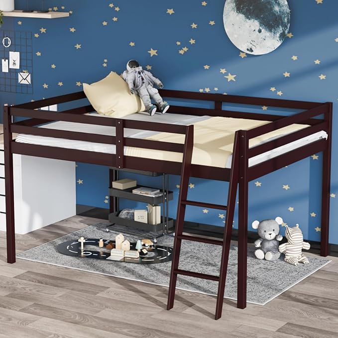 VINGLI Junior Low Loft Bed with Inclined Stairs, Wood Loft Bed Full Size for Adults, Kids and Young Teens, No Box Spring Required,Wood Slat Support, Espresso