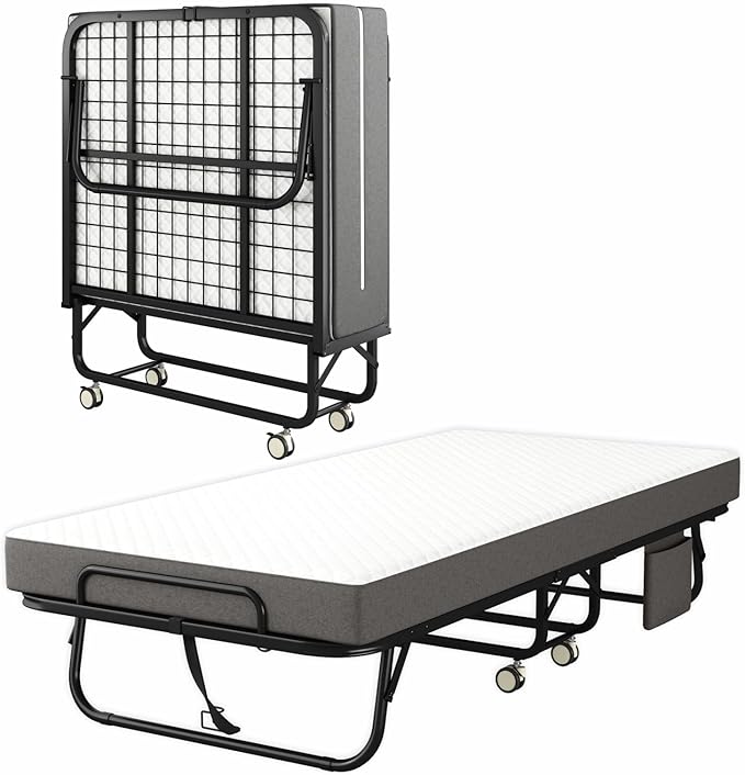 Folding Bed with Mattress for Adults, 75" x 38"Portable Twin-Size Rollaway Bed, Metal Frame Foldable Guest Bed with Memory Foam Mattress,Deluxe Single Beds with Side Storage Pocket