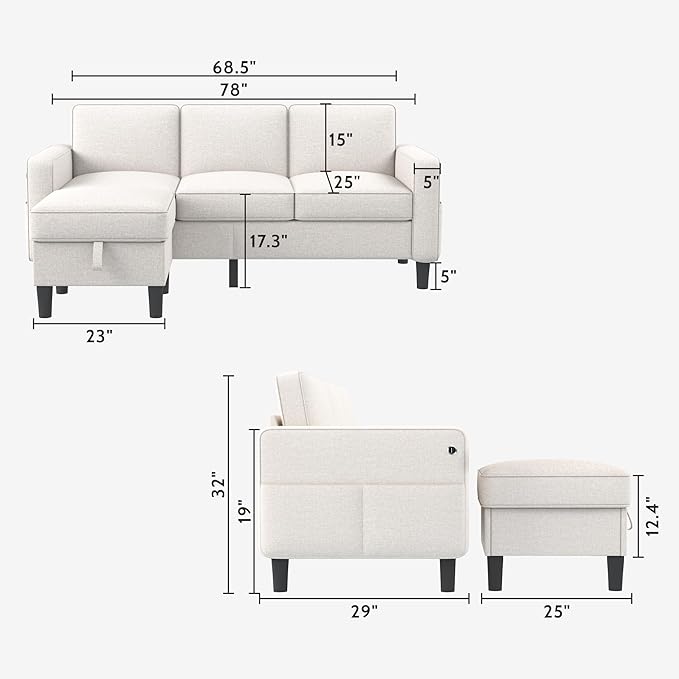 Sectional Couches for Living Room - Convertible 3 Seater L Shaped Couch with Storage Ottoman USB Charging Port - Beige Modern Linen Fabric Sofas Furniture Set for Apartment Loft Studio Small Space | USB Charging Port