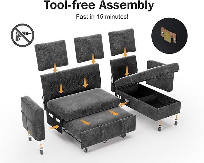 Vipbear 82" Sectional Sleeper Sofa with Pull Out Bed, L Shaped Couch Sleeper Sofa Bed, Pull Out Couch with Reclining Backrest, Reversible Storage Chaise, USB Ports, Tool-Free Assembly, Chenille Grey