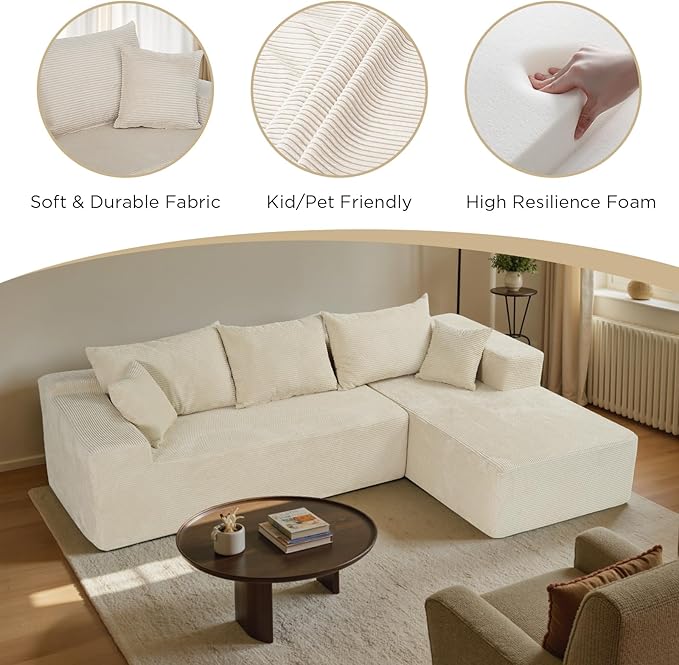103” Cloud Sectional Couch with L-Shape Chaise,Modern Modular Sofa with Deep Seat, Upholstered Couches for Living Room Bedroom,No Assembly Required, Beige (Right Facing Chaise)