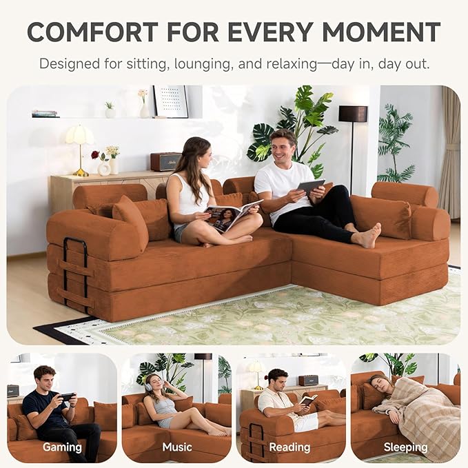 Boneless Sectional for Small Spaces, 106” L Shaped Couch from Two 70.87” Modules, Reconfigures to 141.7” Straight Sofa, Corduroy Compressed Couch in a Box with Headrest Back Pillows, Orange