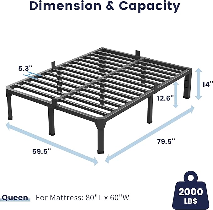 Superay Queen Bed Frame with Mattress Slide Stopper, 14 Inch Metal Platform Bed Frame, Heavy Duty Tall Bed Frame No Box Spring Needed with Large Storage Space, Easy Assembly, Noise Free