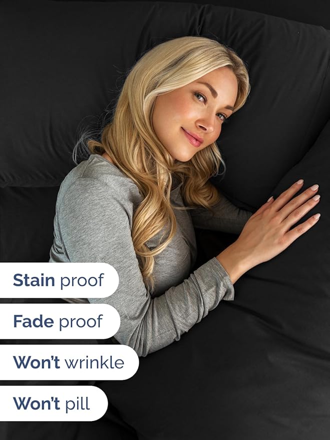 Extra Deep Split King Sheet Set - 7 Piece Breathable and Cooling Sheets - Hotel Luxury Bedding for Women, Men, Kids & Teens - Easy Secure Fit - Soft, Wrinkle Free & Comfy - Extra Deep Pockets - Black
