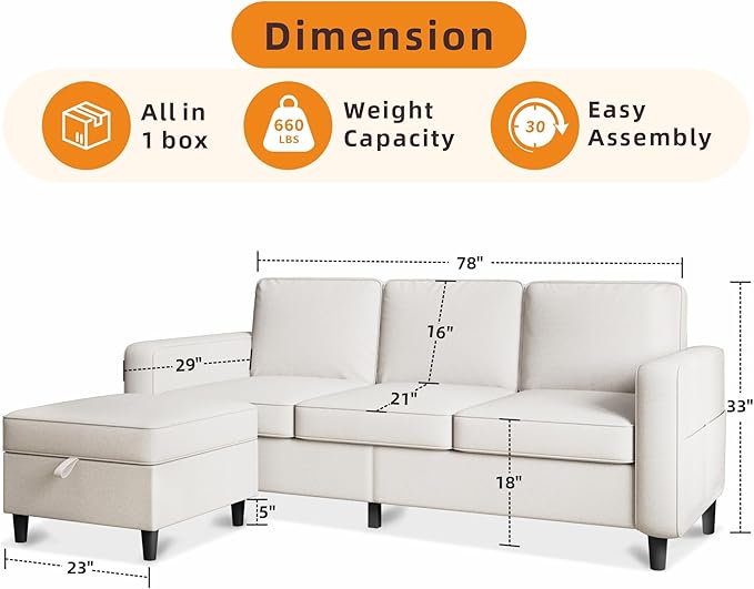 78" Sectional Sofa Couches for Living Room, Convertible L Shaped Couch with Storage Ottoman, Deep Seat Pet-Friendly Linen Fabric Sofa Set for Small Space, Apartment, Dorm