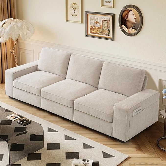 TEKAMON 100" Modular Sofa with Seats Storage, Comfy 3-Seater Chenille Fabric Couch for Living Room, Office, Apart W/Deep Seat, Wide Arms, Side Pockets, USB, Removable Covers, Upholstered Couch/Beige