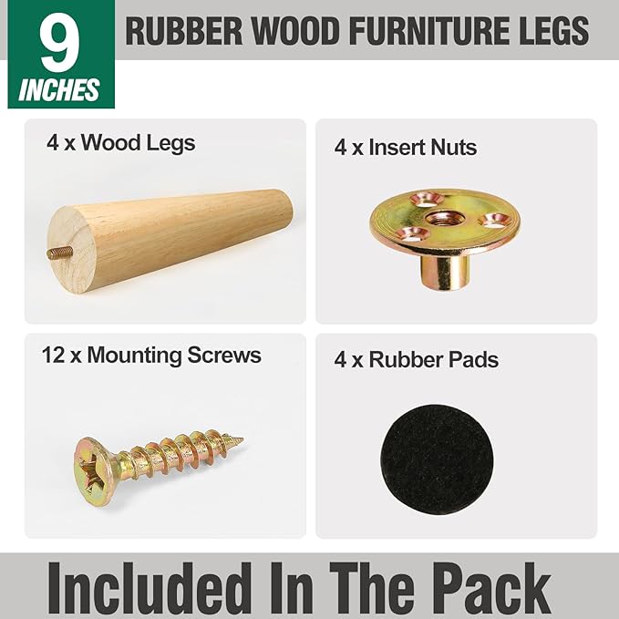 FoDau770 Rubber Wood Furniture Legs 9 Inches, Straight Tapered Wood Feet Mid Century Sofa Legs Set of 4, 5/16" UNC Furniture Feet Replacement Parts for Cabinet Couch Dresser Chair Ottoman Table