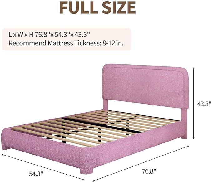 BarnFurin Full Size Bed Frame with Headboard, Boucle Upholstered Platform Bed Frame, Soft Rounded Corners, No Box Spring Required, Non-Slip and Noise-Free, Easy Assembly, Rose Pink
