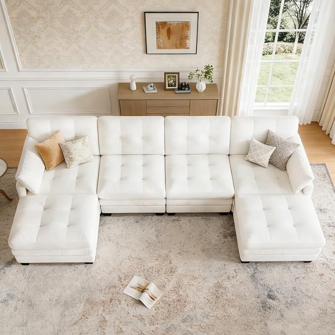 Modular Sectional U Shaped Sofa Couches for Living Room, Cloud Couch with Movable Ottoman, Comfy Chenille Sofa with Pillow for Bedroom and Apartment,Beige-Tufted